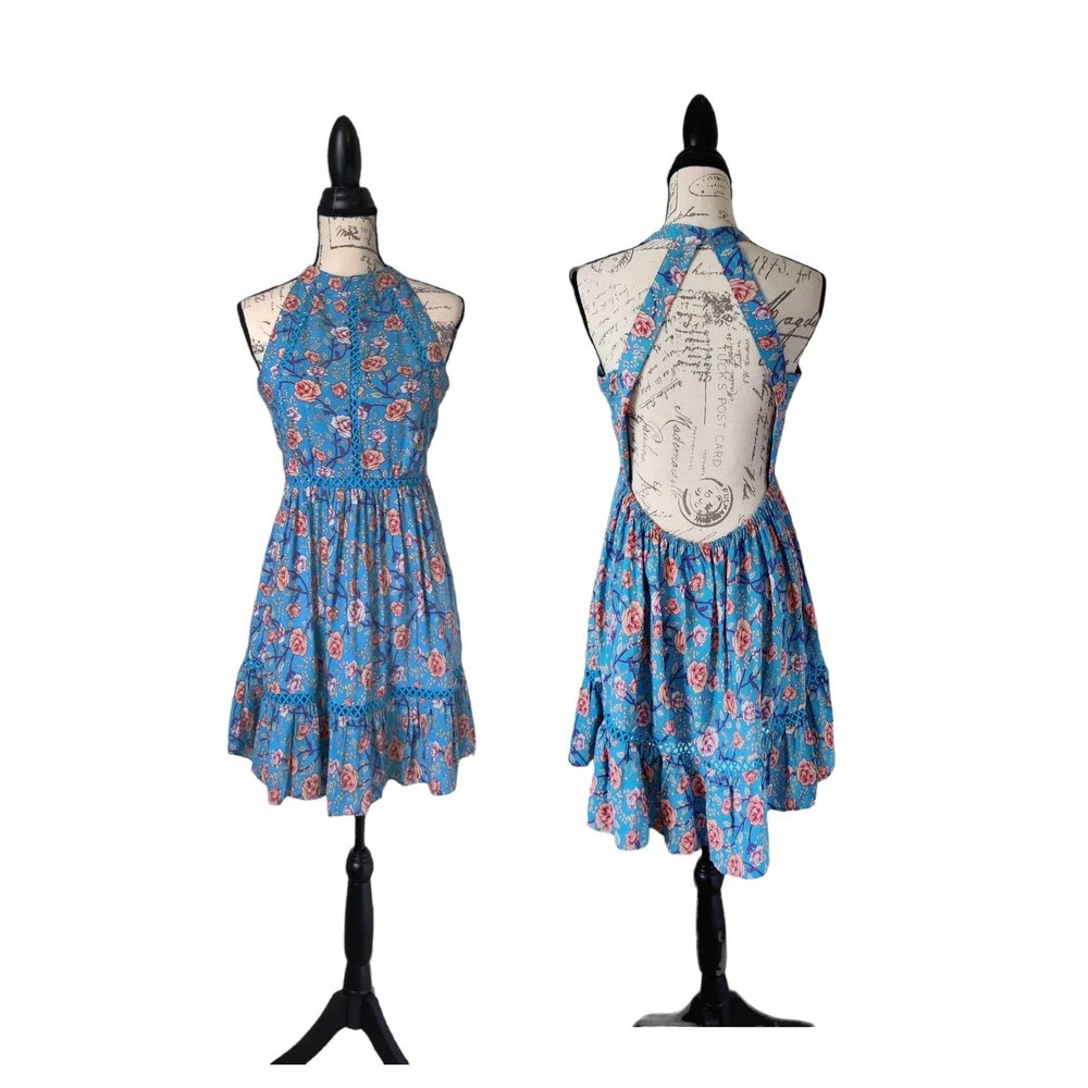 Sunday Mi Amor Floral Halter Neck Sleeveless Mini Dress Blue Tiered Size M Swing